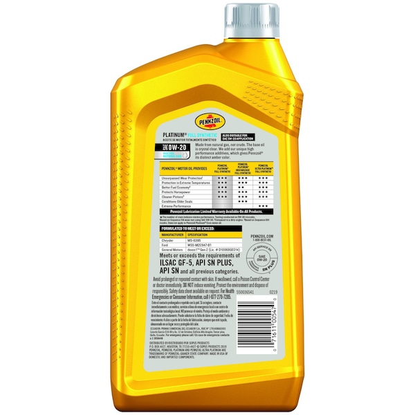 Pennzoil Platinum 0W-20 4-Cycle Synthetic Motor Oil 1 Qt 1 Pk